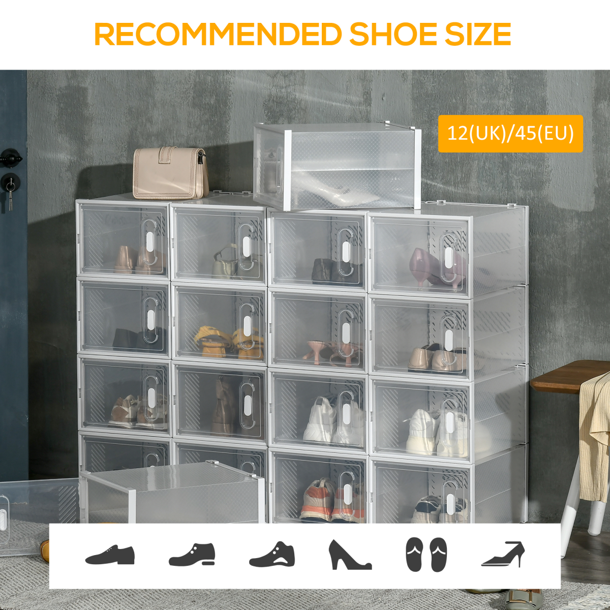 18PCS Clear Shoe Box, Plastic Stackable UK/EU Size up to 12, 28 x 36 x 21cm