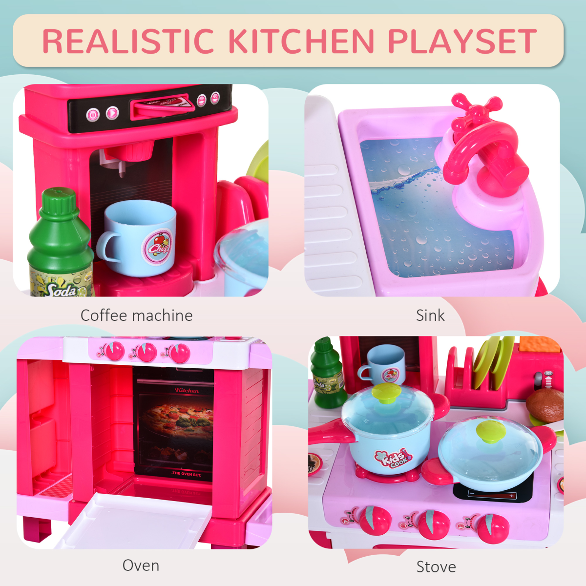 38-Piece Children's Kitchen Play Set Realistic Sounds Lights Food Pink