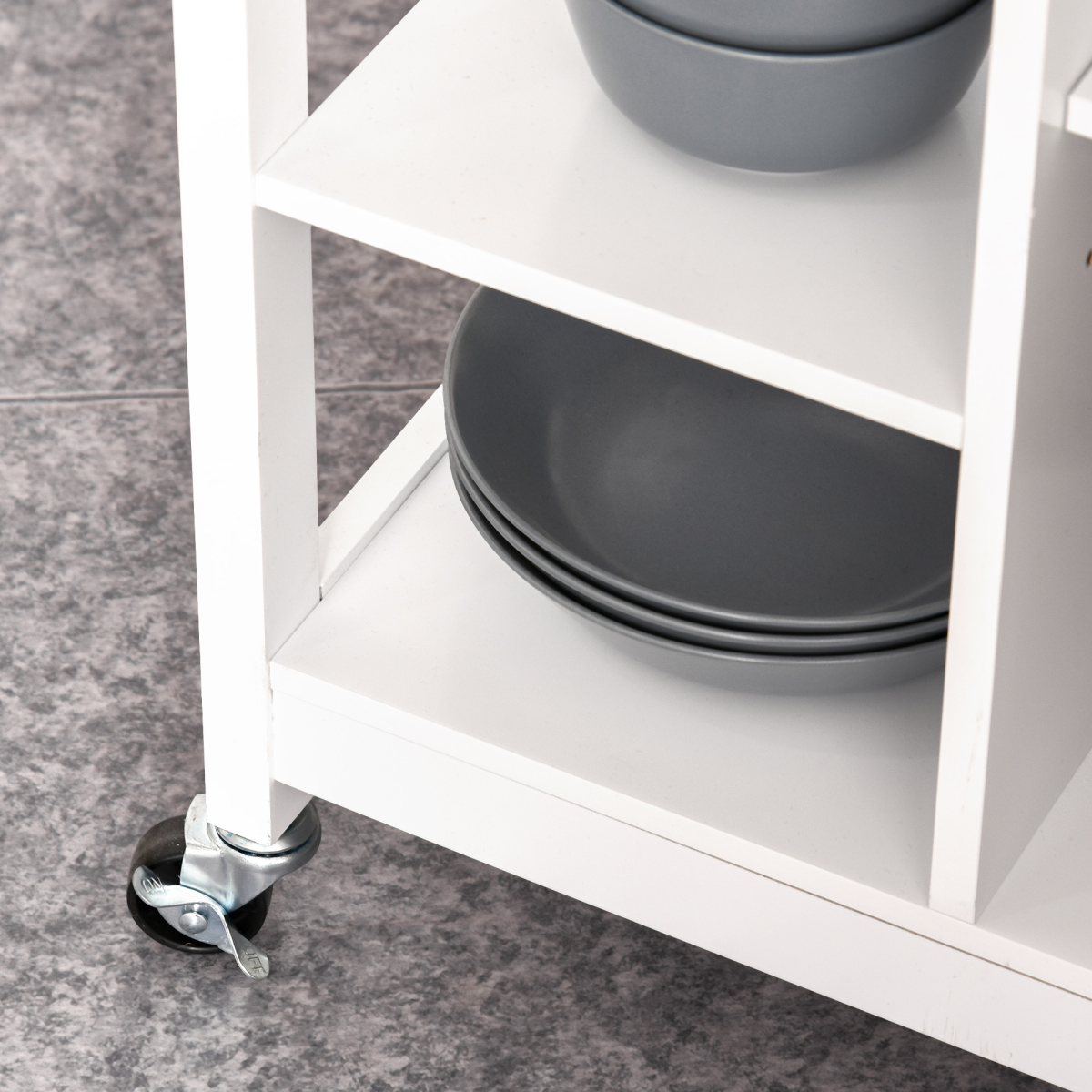 cortex-london-york-white-mdf-kitchen-storage-trolley-large-pull-out-drawer-three-open-shelves-adjustable-cabinet-shelf-side-hanging-rail-wheels