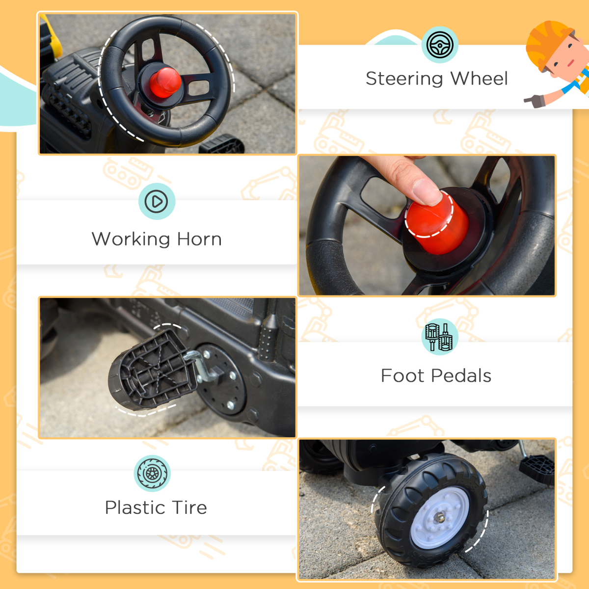 cortex-london-windsor-pedal-digger-ride-on-with-trailer-and-horn-homcom