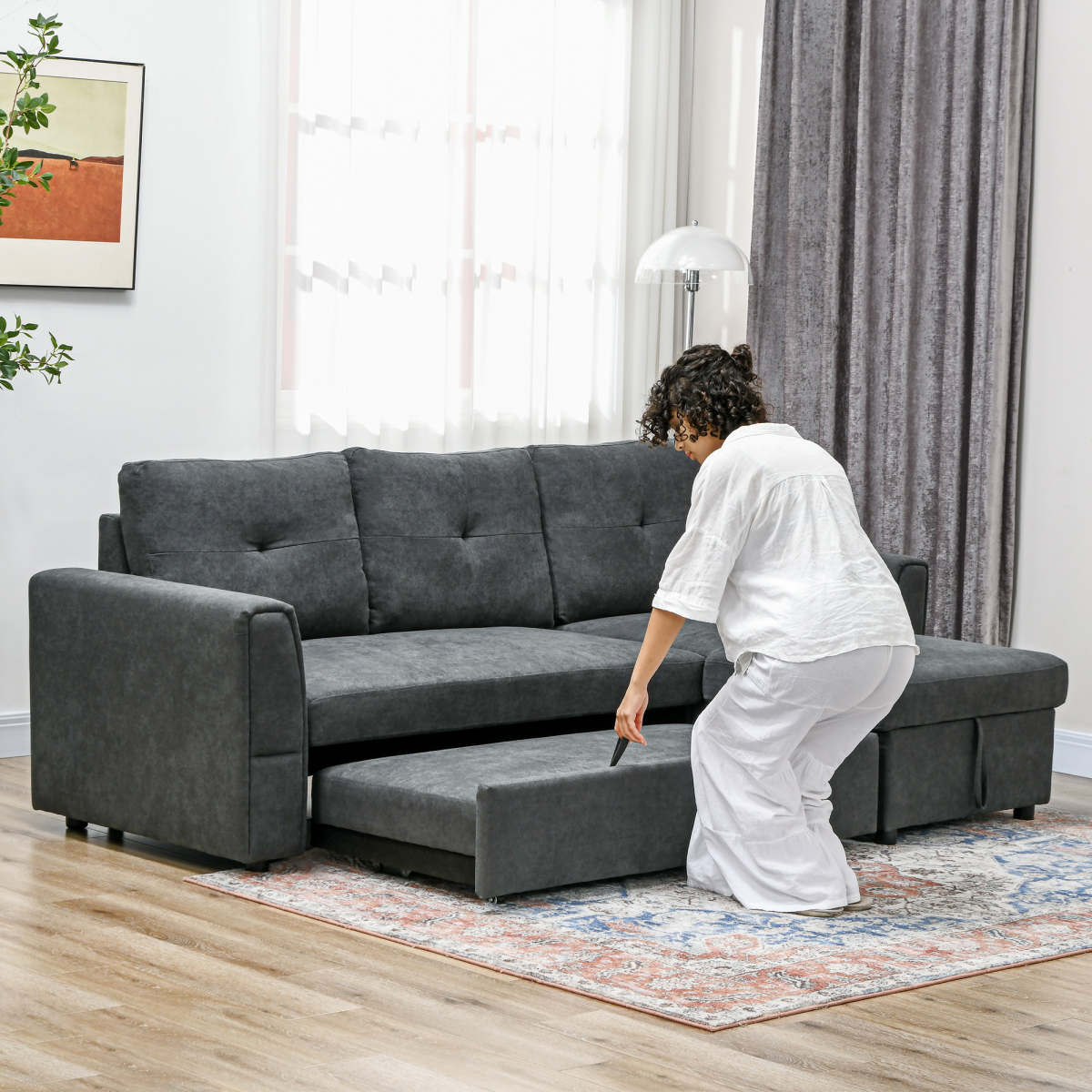 HOMCOM 3 Seater Sofa Bed, Convertible Pull Out Sofa with Storage, Dark Grey