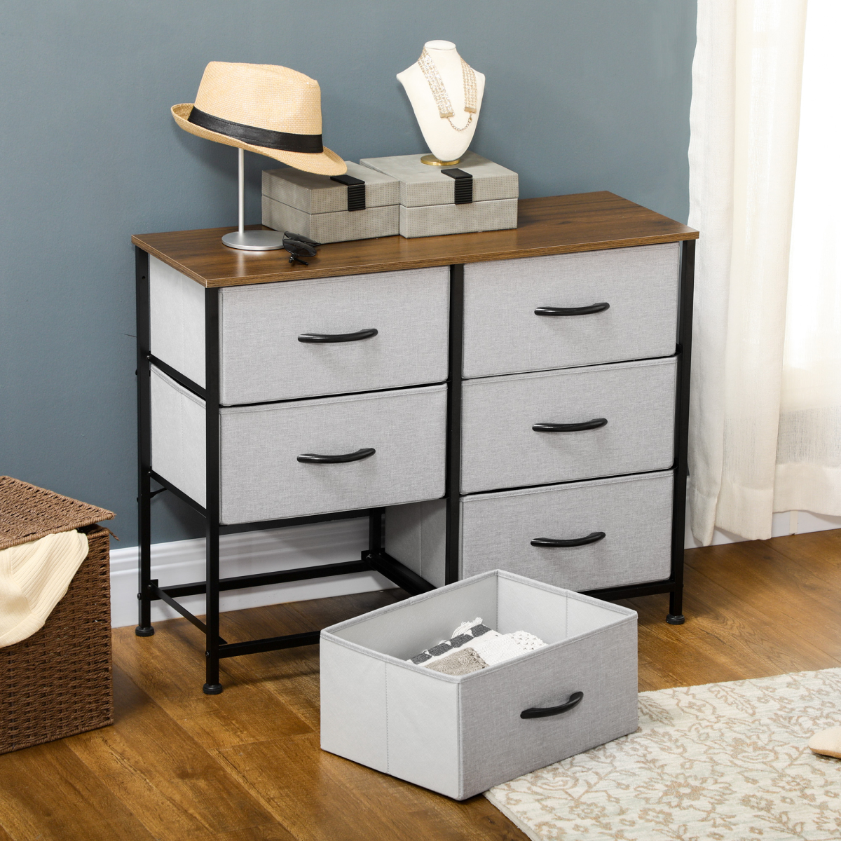 cortex-london-windsor-six-drawer-grey-fabric-chest-wood-effect-top