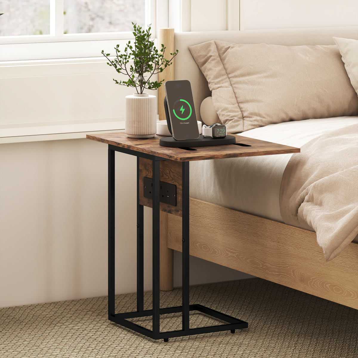 HOMCOM C Shaped Side Table with Charging Station and Foldable Top