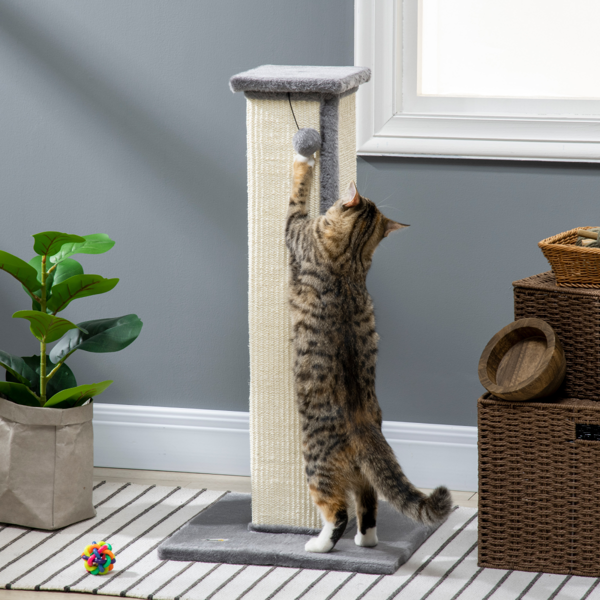 cortex-london-windsor-cat-scratching-post-81cm-grey-natural-sisal-rope-hanging-ball
