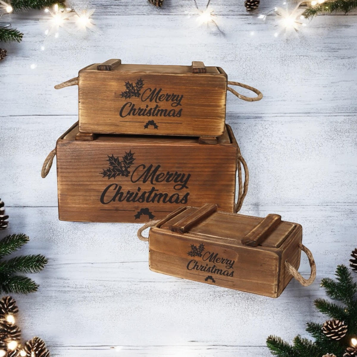 AcaciaHome Stylish and Vintage Wooden Merry Christmas Storage Crate Set – 3 Rustic Display Boxes for Garden & Home Decor – Stackable, Durable, Space-Saving Design for Home & Outdoor Use (Brown)