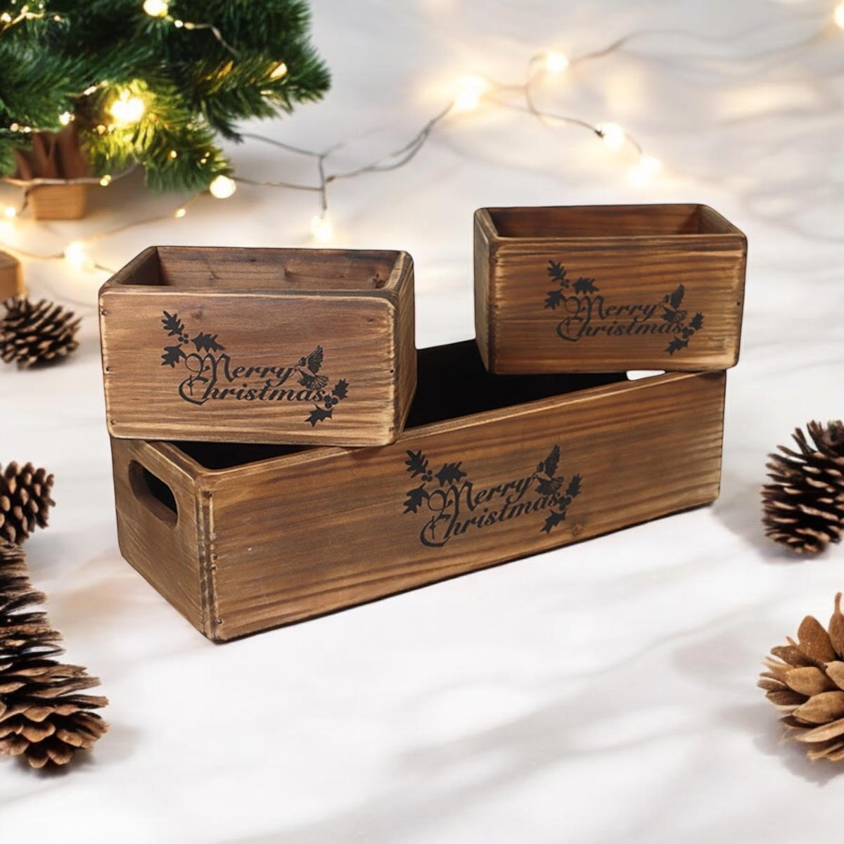 AcaciaHome Stylish and Vintage Wooden Merry Christmas Storage Crate Set – 3 Rustic Display Boxes for Garden & Home Decor – Stackable, Durable, Space-Saving Design for Home & Outdoor Use (Dark Brown)