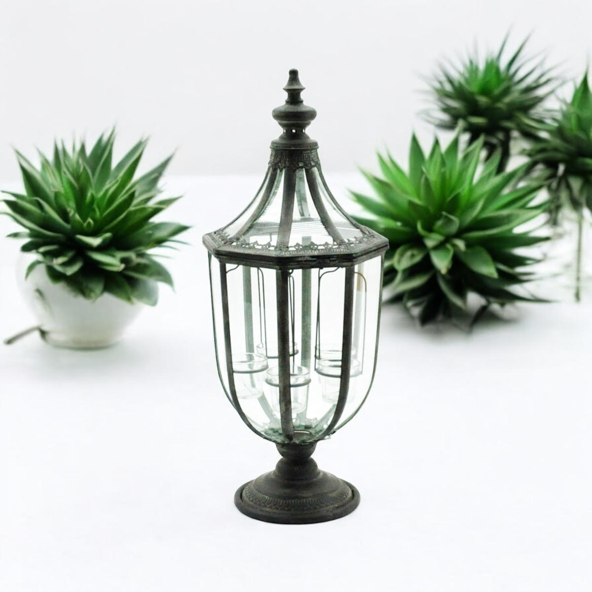 Durable and Stylish Metal Glass Candle Lantern – Antique-Inspired Holder with Decorative Shape, Perfect for Garden, Patio, or Home Décor, Functional and Durable Lighting Accent