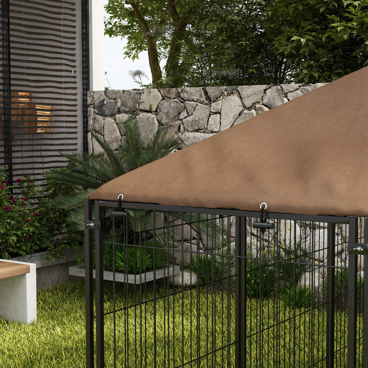 cortex-london-windsor-outdoor-dog-kennel-canopy-rotating-bowl-holder-black-brown