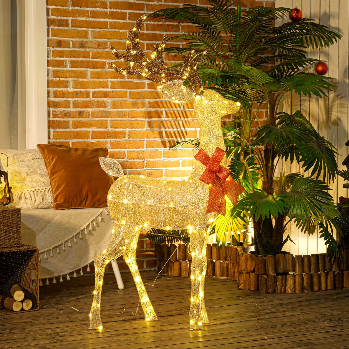 Outsunny Lighted Reindeer Christmas Decoration w/ Stakes Zip Ties Gold Tone