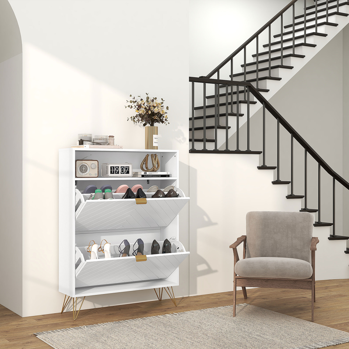 cortex-london-windsor-narrow-shoe-storage-cabinet-two-flip-drawers-white-gold-tone