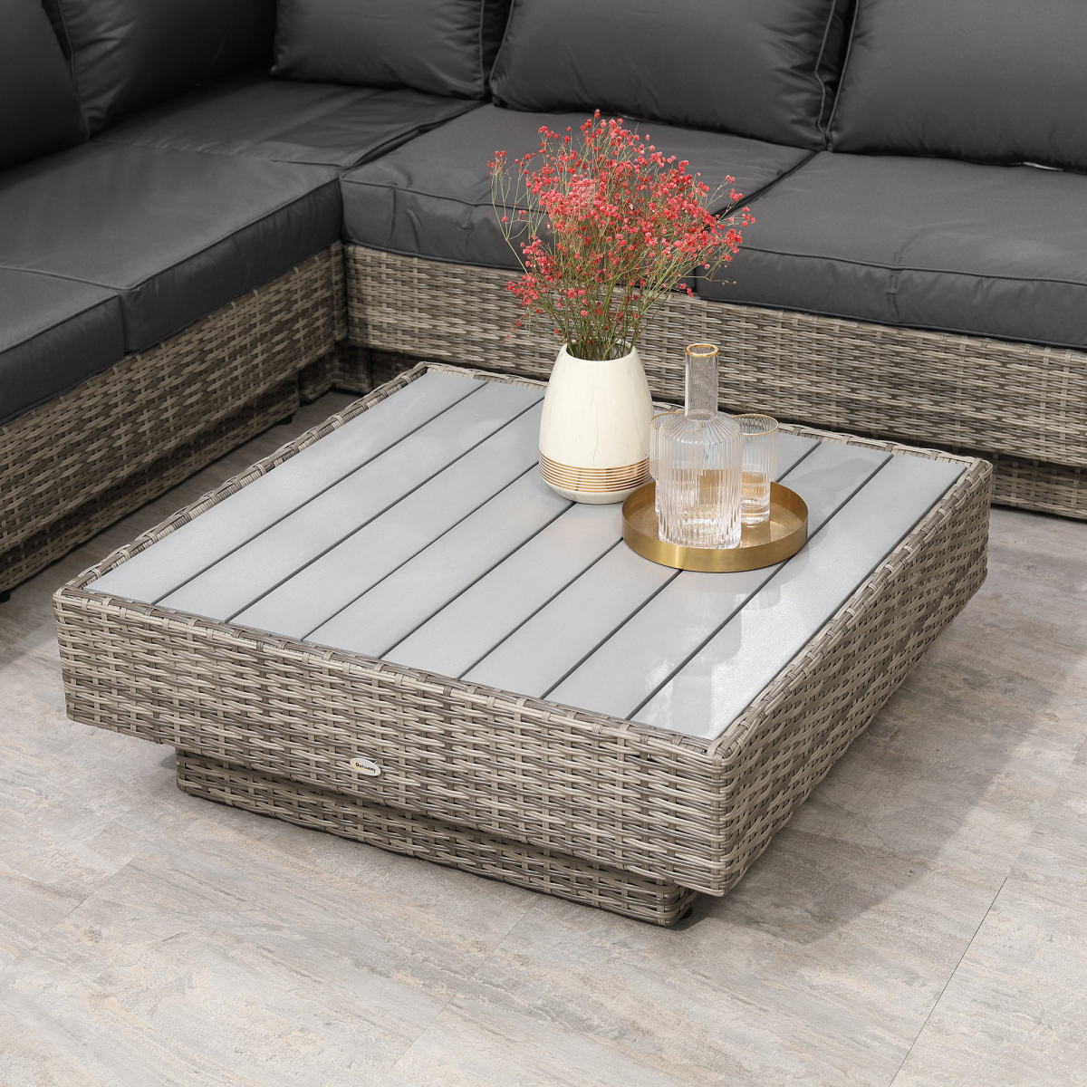 5-Seater Rattan Sectional Corner Sofa Table Set  Cushions - Light Grey