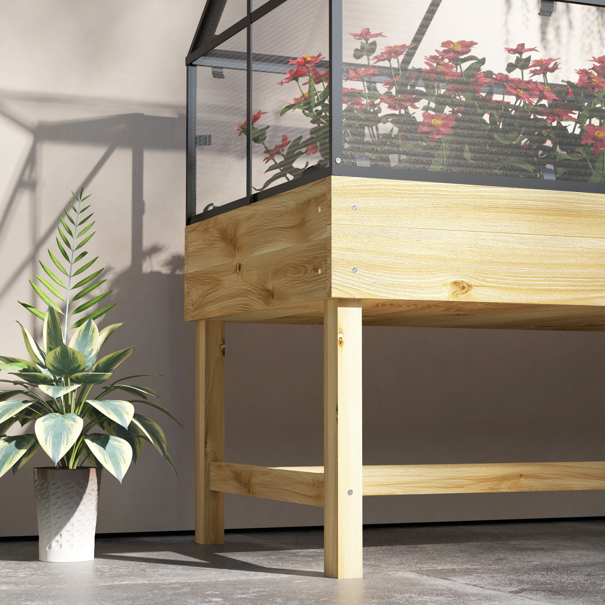 cortex-london-kew-raised-garden-bed-grow-house-polycarbonate-panel-grey-natural-wood-finish