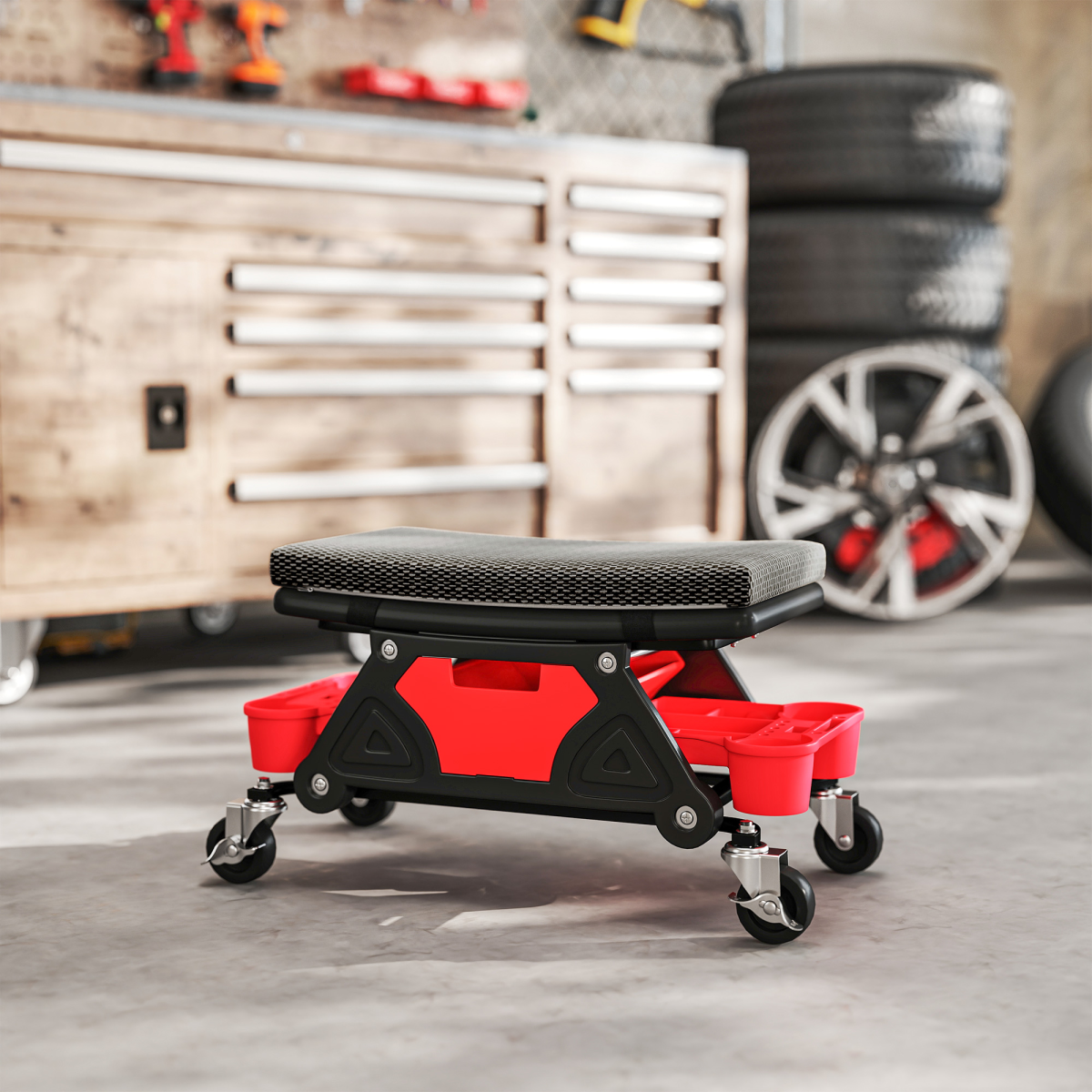 HOMCOM Rolling Mechanic Stool, 135kg Capacity Workshop Stool, Black