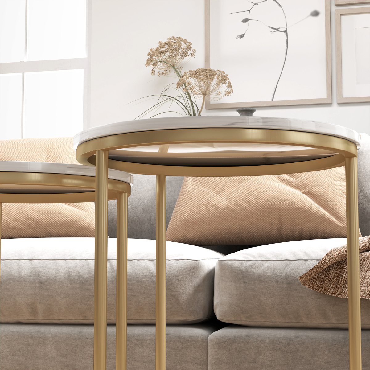 HOMCOM Nesting Coffee Table Set of 2 with Metal Frame, Gold Tone