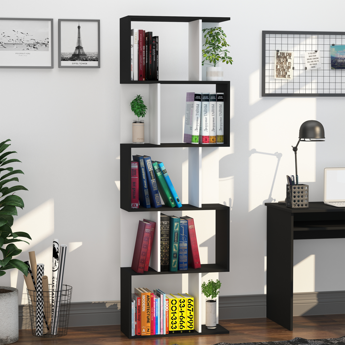cortex-london-windsor-five-tier-s-shape-bookcase-divider-black
