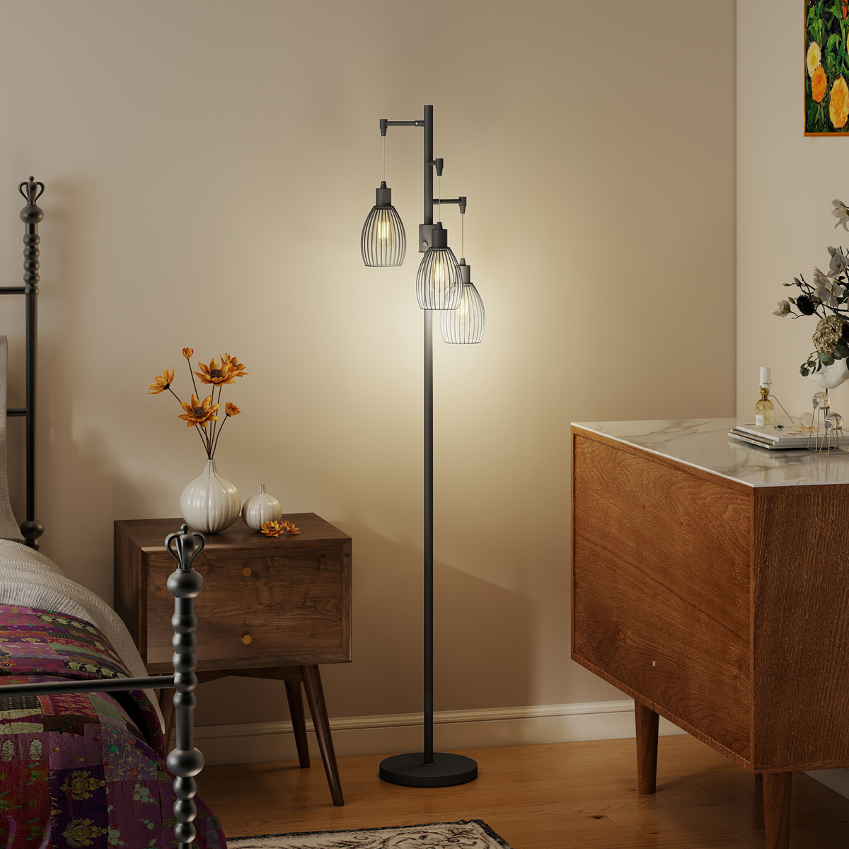HOMCOM Industrial 3-Light Floor Lamp Dimmable LED Standing Lamp, Black