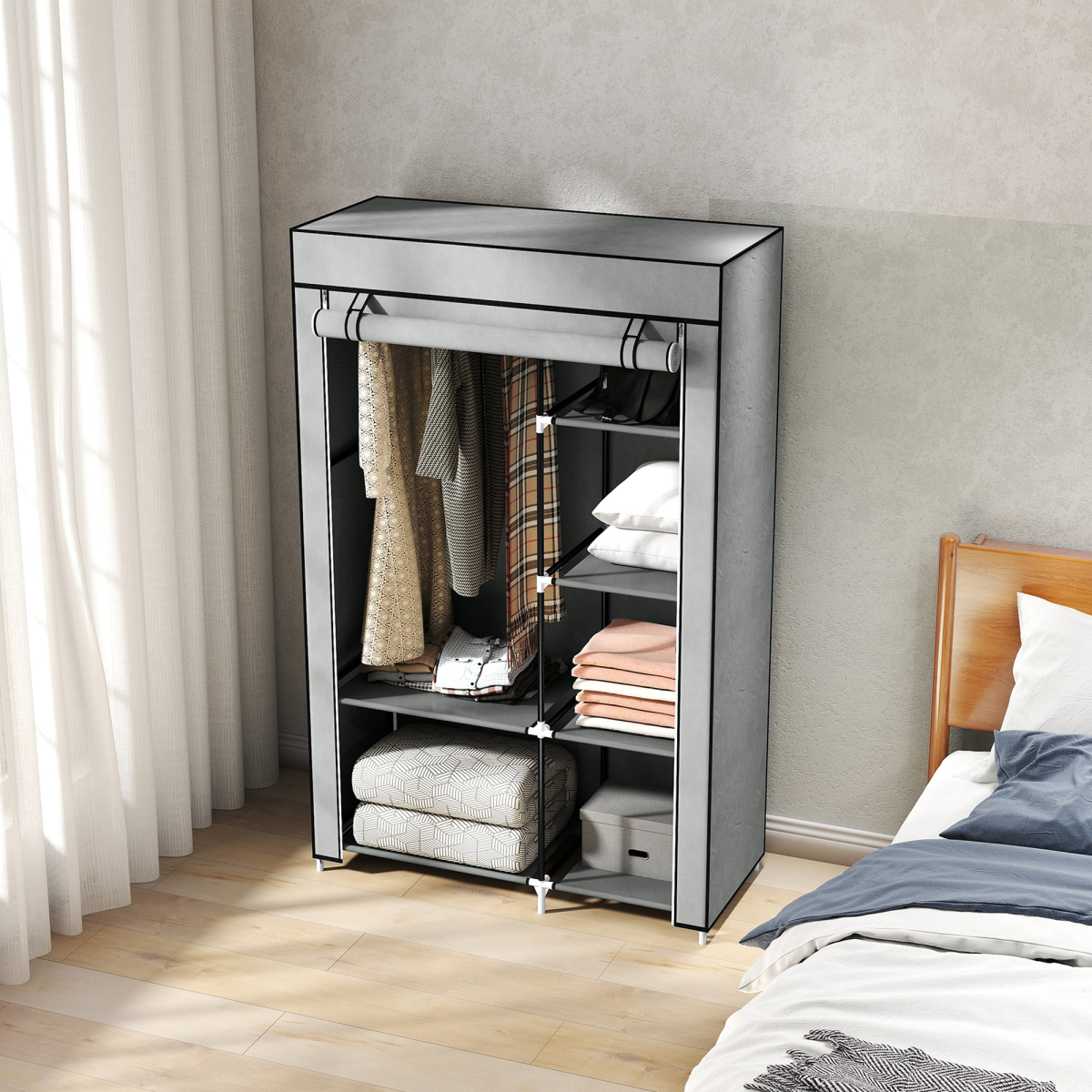cortex-london-kensington-fabric-wardrobe-six-shelves-hanging-rail-light-grey