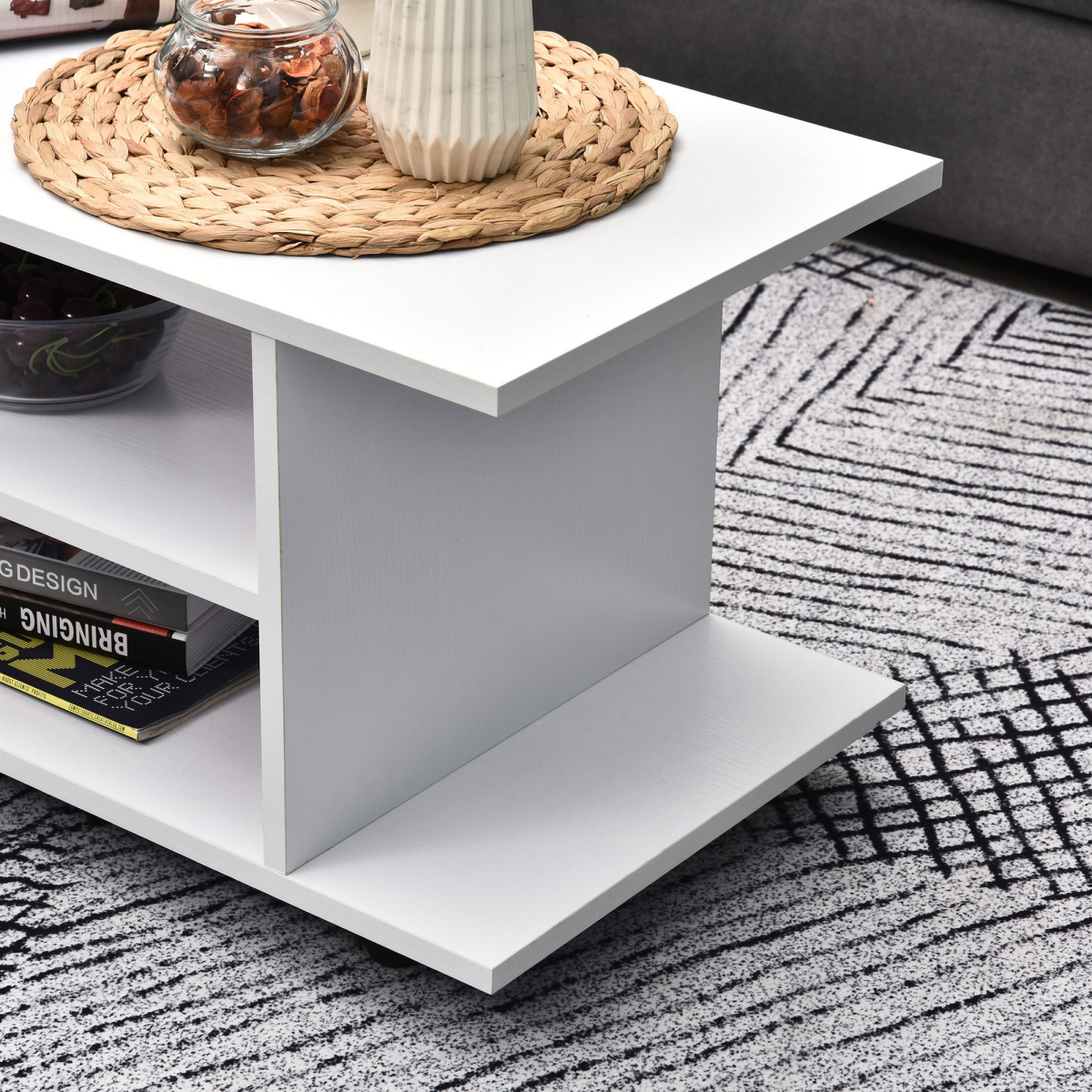TV Stand Bookshelf Cabinet Modern 3 Tier shelf Storage Wheels in White