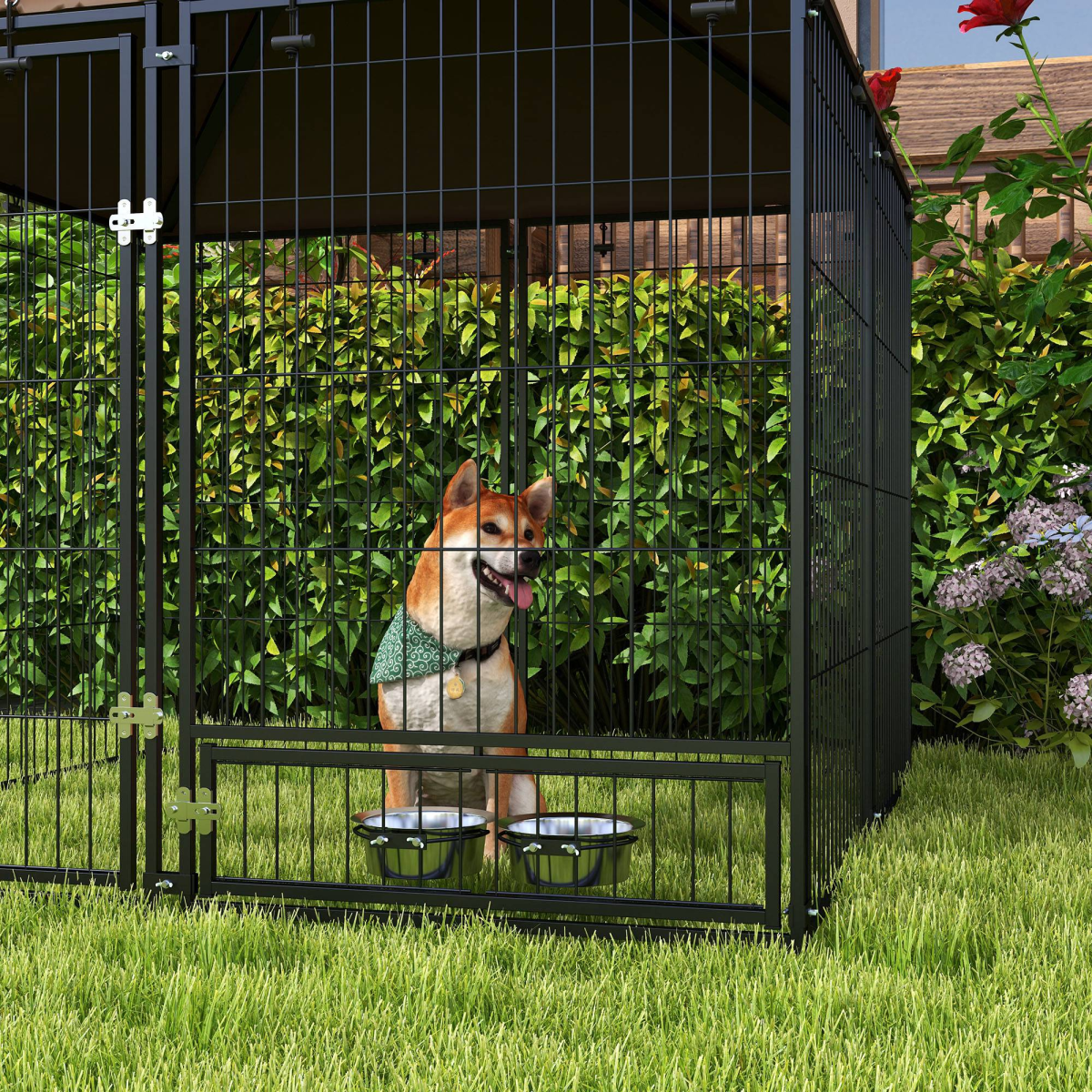 cortex-london-windsor-outdoor-dog-kennel-canopy-secure-lock-bowl-holder-black-brown