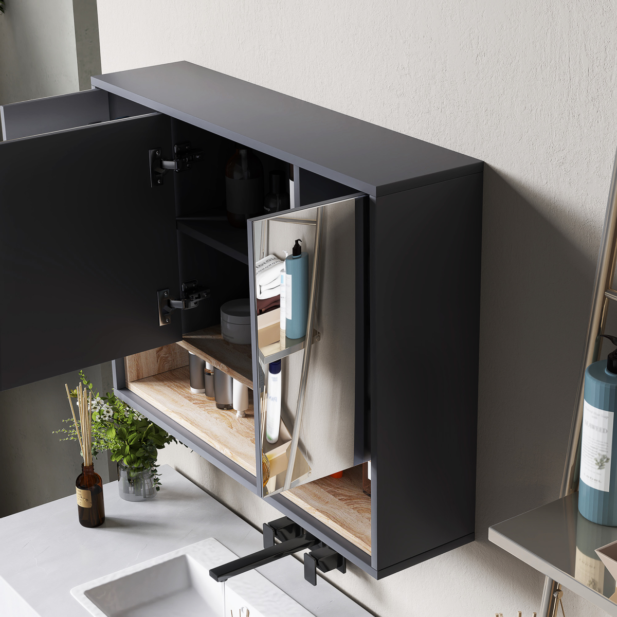 cortex-london-windsor-grey-wall-mounted-mirrored-bathroom-cabinet-mdf-glass-eight-compartment-storage-shelves