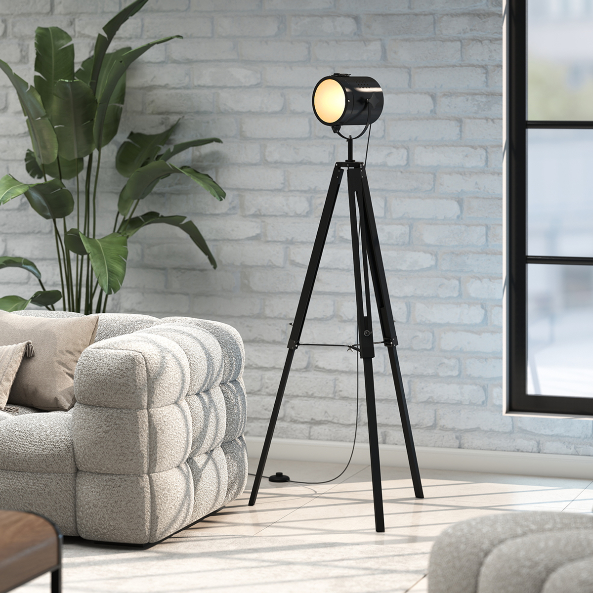 HOMCOM Industrial Tripod Floor Lamp Wood Height Adjustable Spotlight, Black