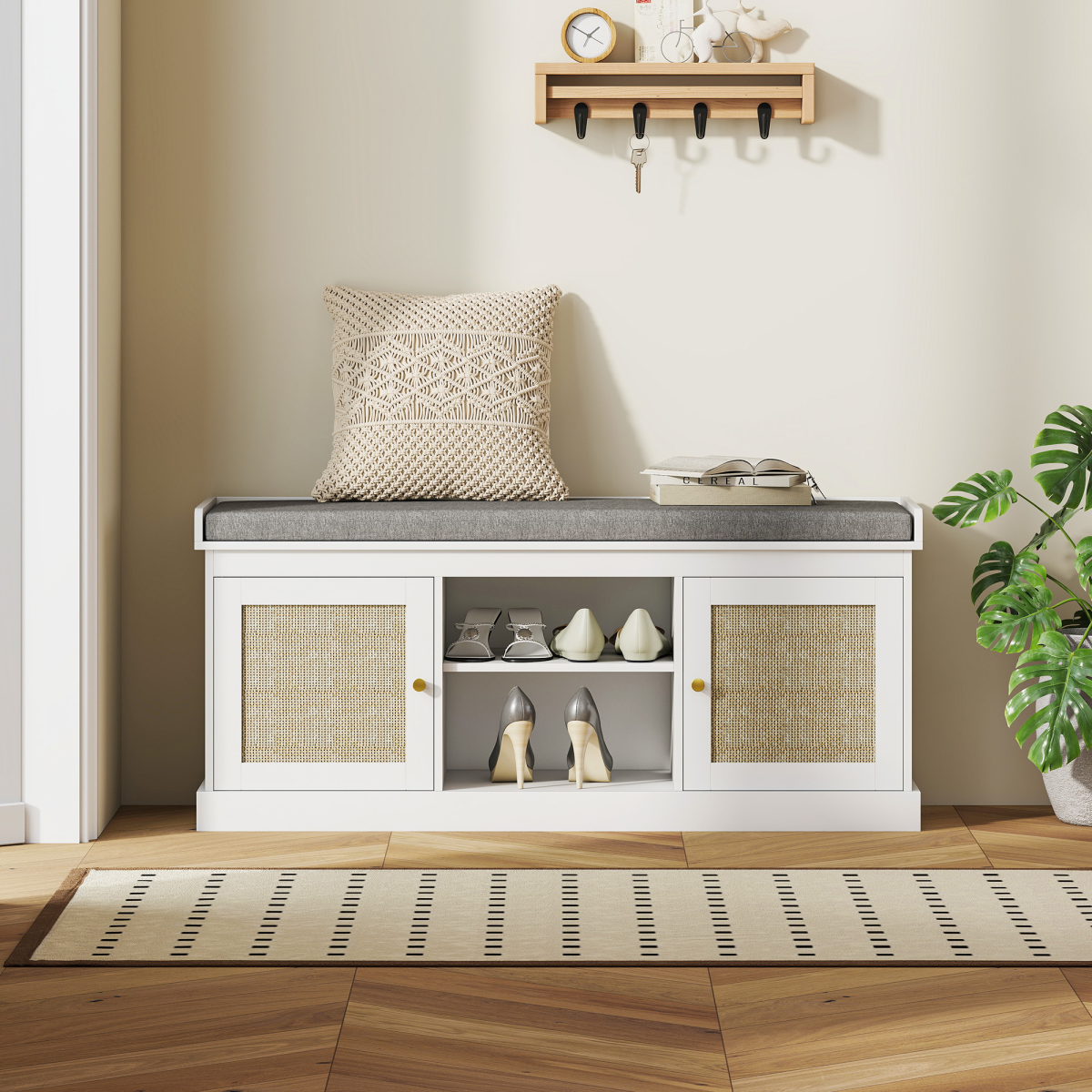 HOMCOM Shoe Bench, Boho Shoe Storage Bench with Padded Cushion, White