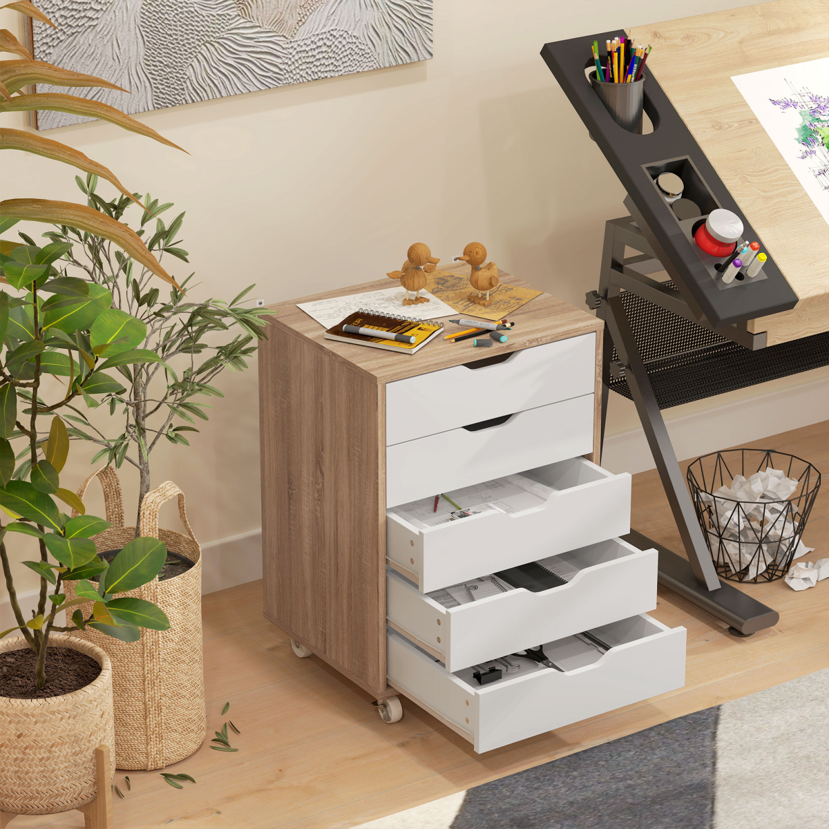 cortex-london-windsor-mobile-filing-cabinet-five-drawer-brown-white