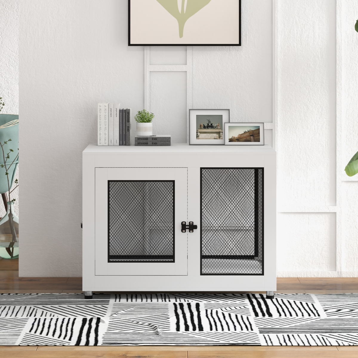 cortex-london-windsor-dog-kennel-end-table-two-doors-cushion-white-black