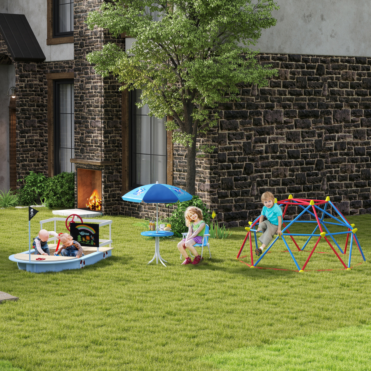 Kids Foldable Four-Piece Garden Set w/ Table, Chairs, Umbrella - Blue