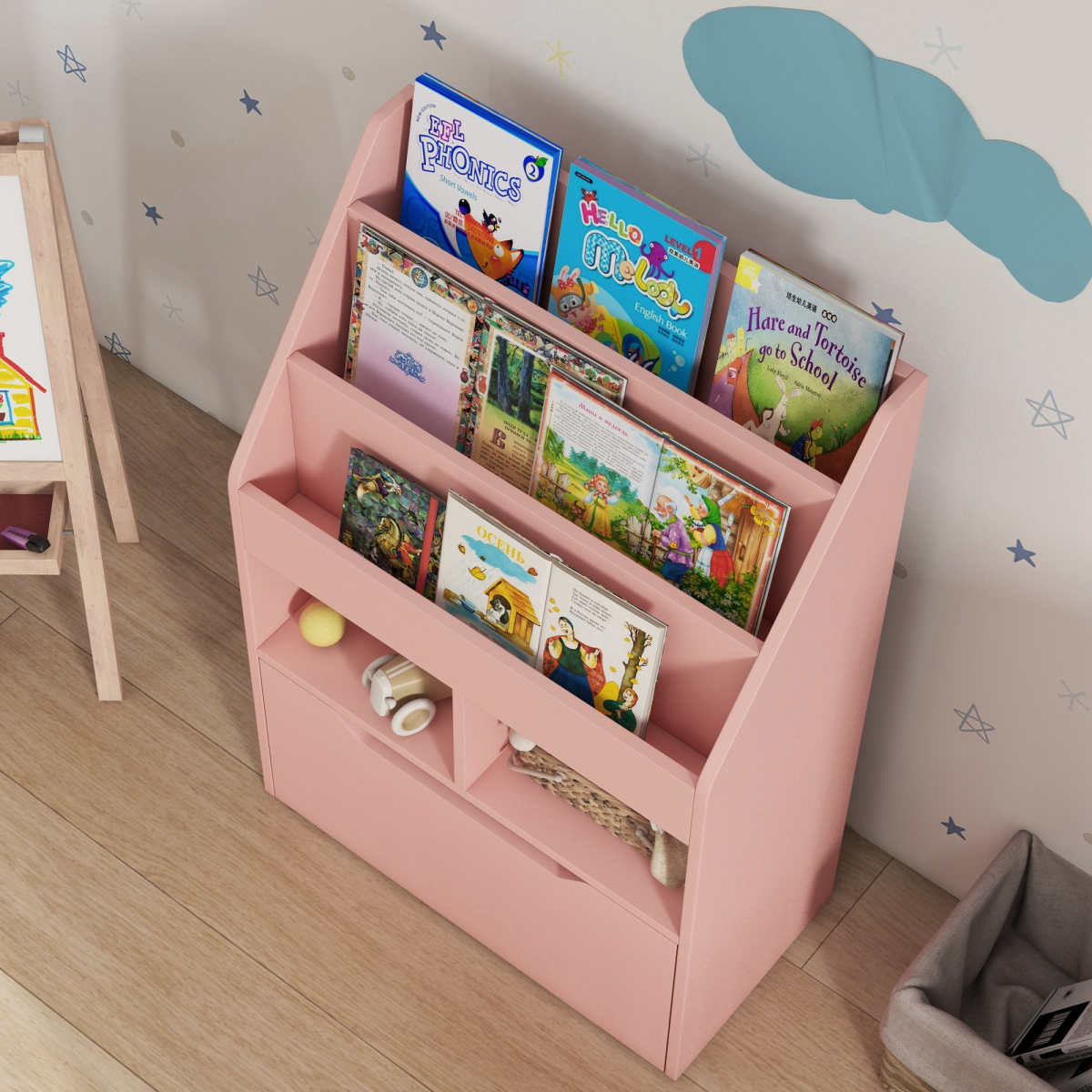 cortex-london-windsor-pink-kids-bookcase-toy-storage-drawer-wheels