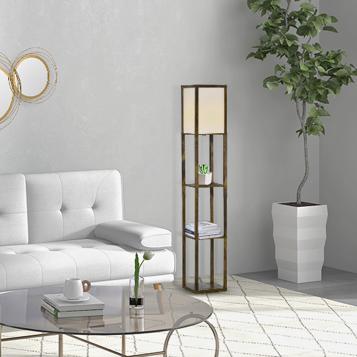 4-Tier Floor Lamp, Floor Light with Storage Shelf, Brown 3-Tier