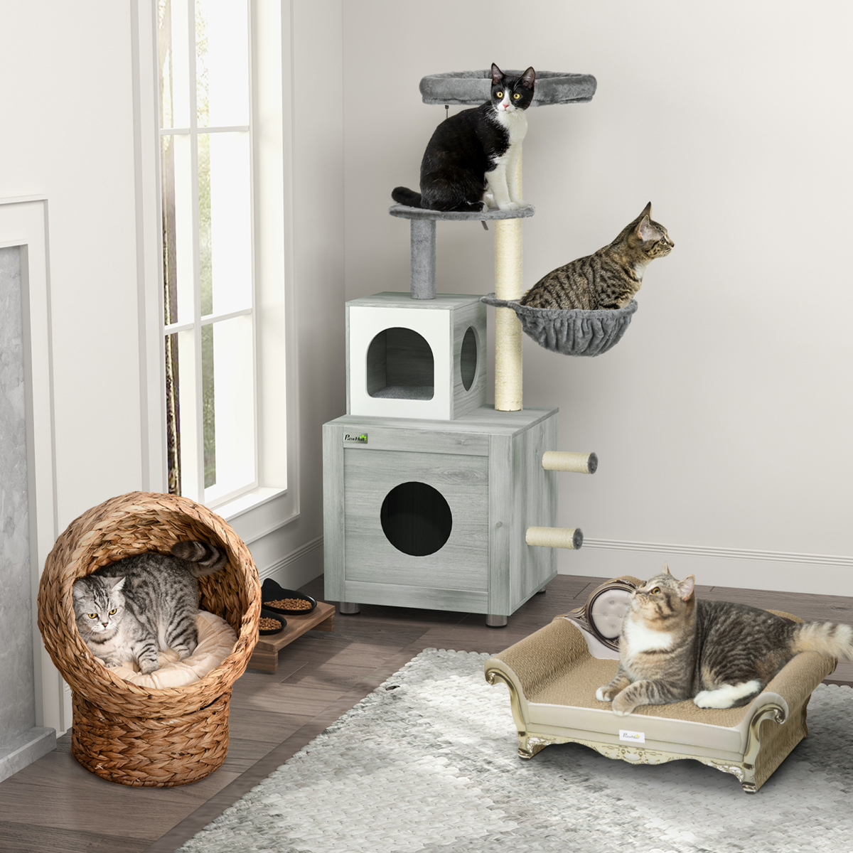 PawHut Cat Litter Box Enclosure, with Cat House, Bed, Scratching Posts, Platform
