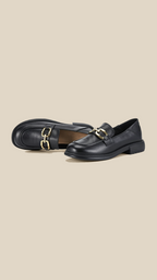 cortex-london-elizabeth-ii-womens-black-leather-loafers-gold-buckle-flats-fashion-top-layer-cowhide-womens-flats-commuter-low-heeled-black-durable-loafer-shoes