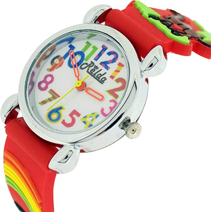 Relda Children's Big Number Analog 3D Zoo Animals Red Silicone Strap Girl's Watch REL106