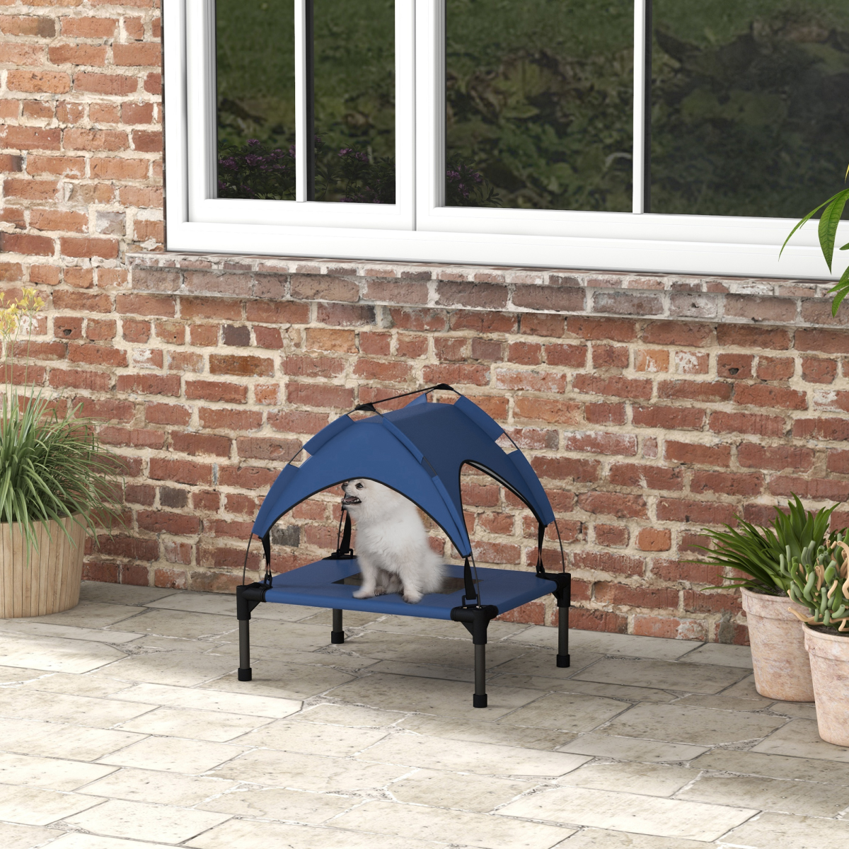 cortex-london-york-cooling-raised-dog-bed-dark-blue-breathable-mesh-canopy