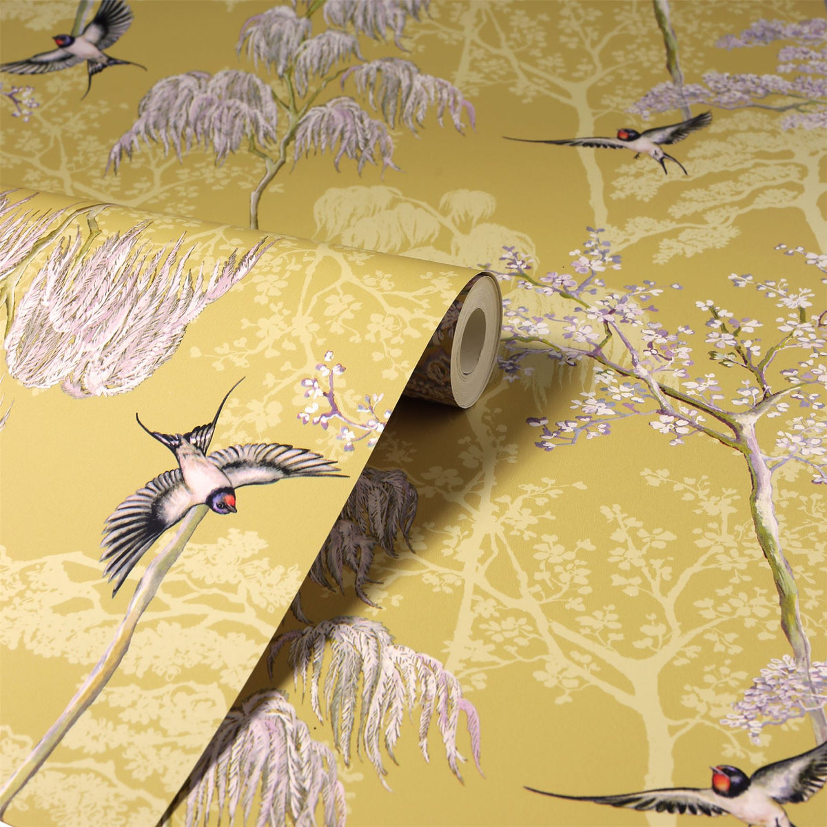 cortex-london-kew-japanese-garden-ochre-wallpaper-hand-drawn-trees-birds-pearlescent-highlights