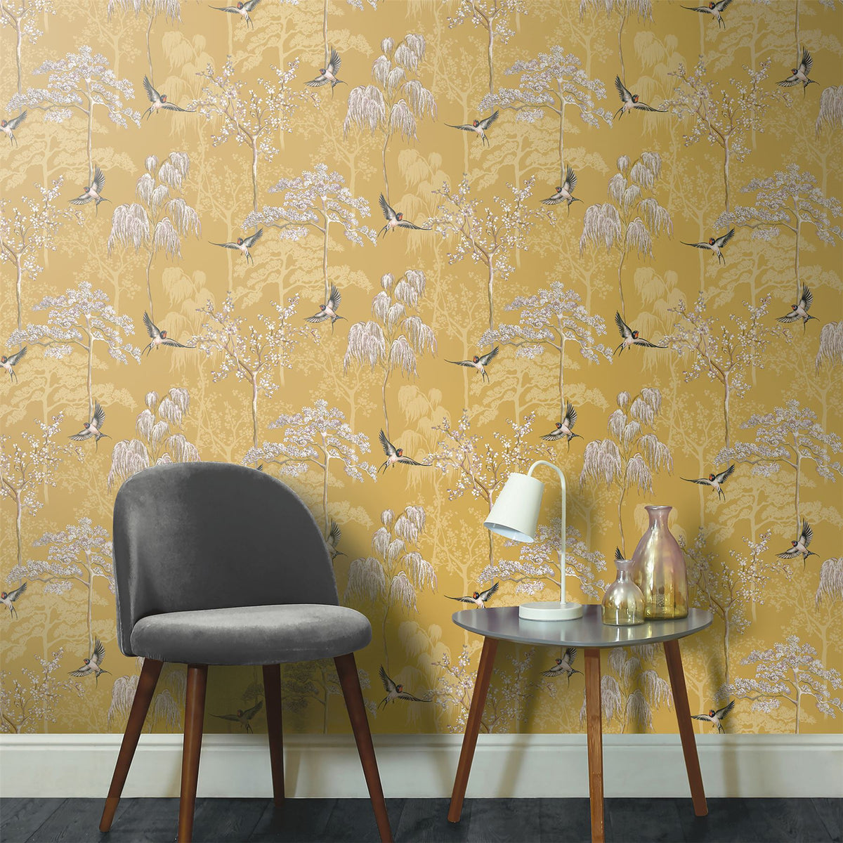 cortex-london-kew-japanese-garden-ochre-wallpaper-hand-drawn-trees-birds-pearlescent-highlights