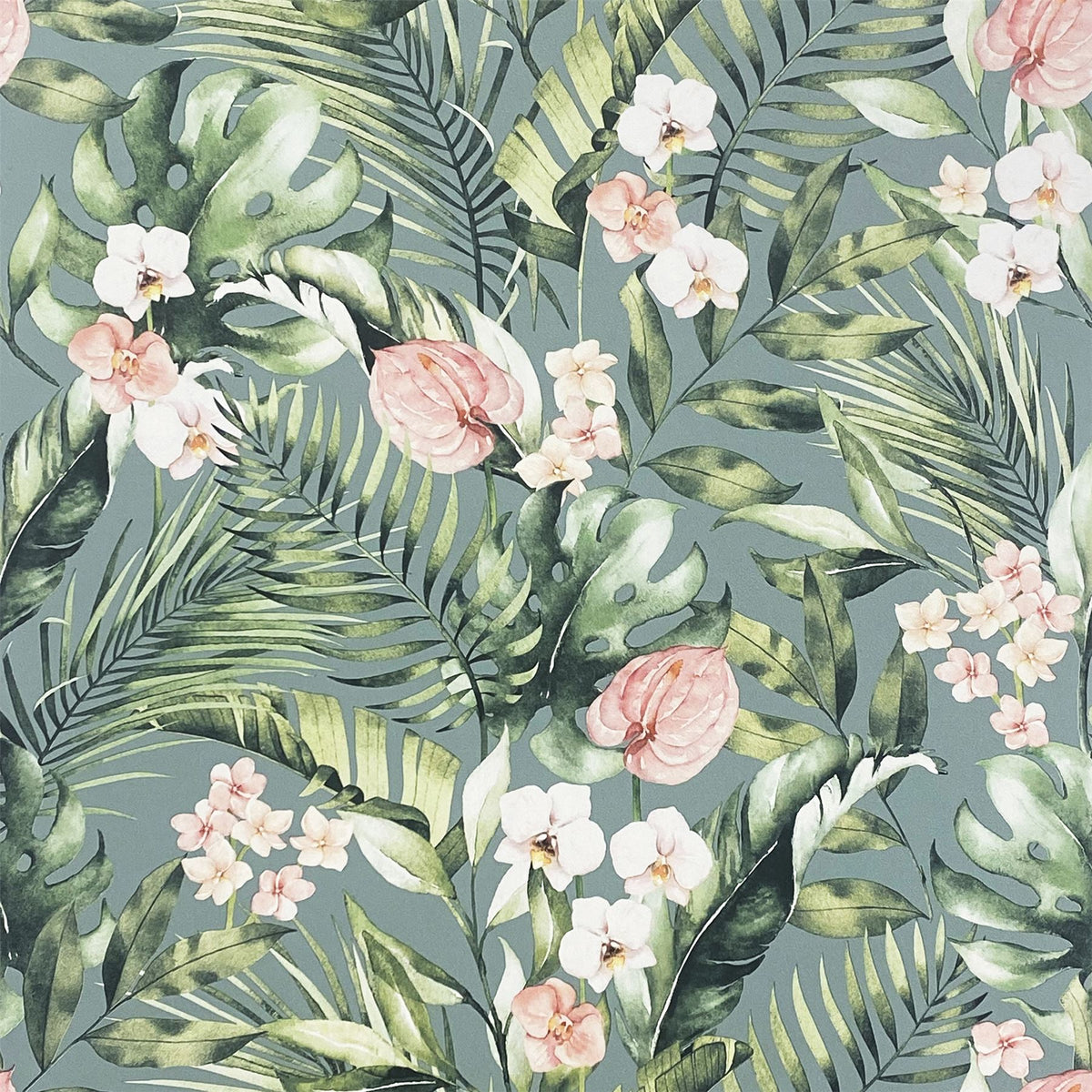 cortex-london-kew-tropical-floral-sea-blue-wallpaper-pink-florals-green-palm-leaves