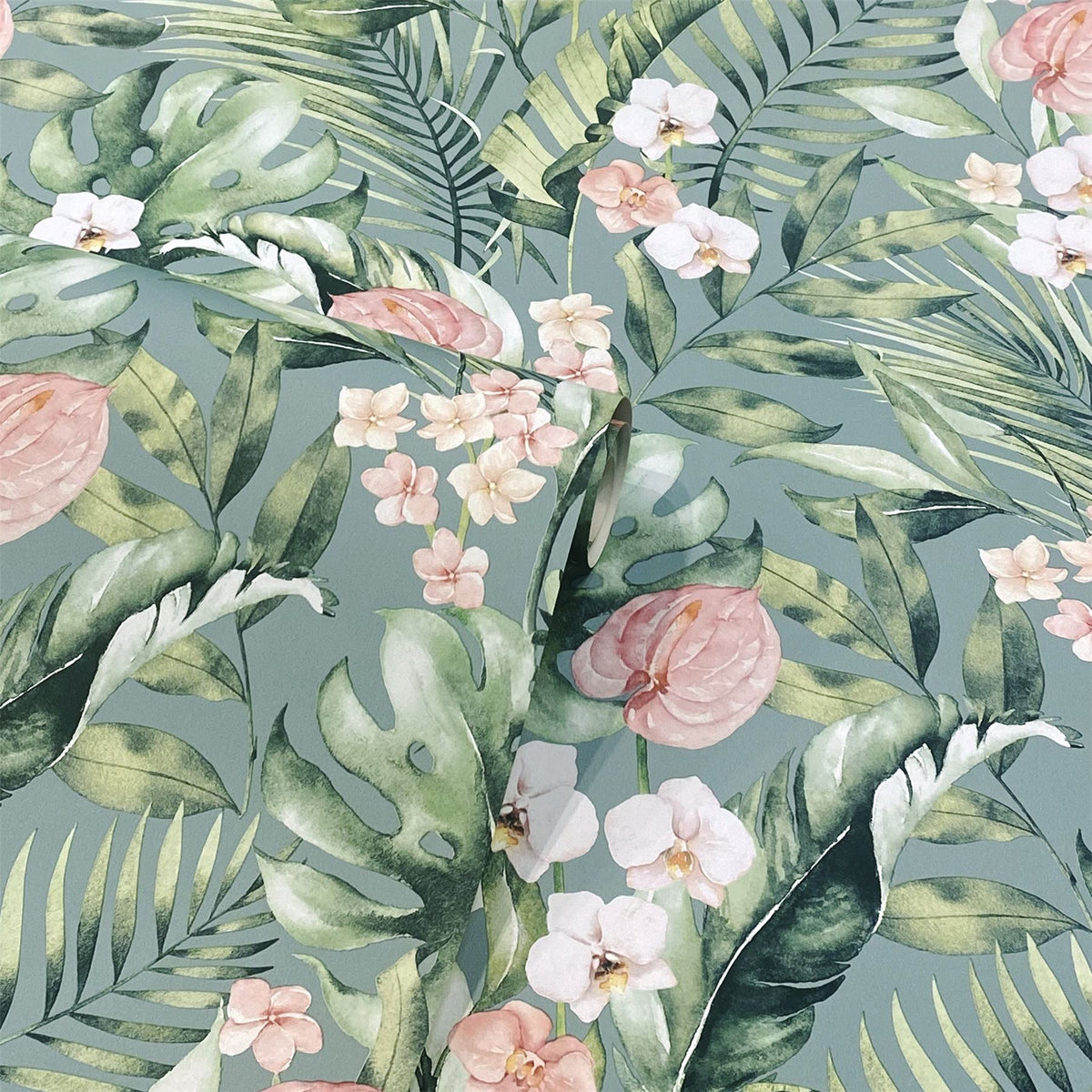 cortex-london-kew-tropical-floral-sea-blue-wallpaper-pink-florals-green-palm-leaves