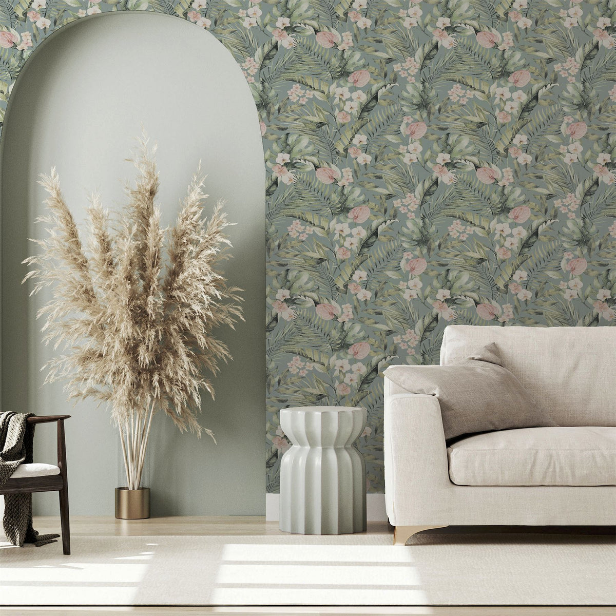 cortex-london-kew-tropical-floral-sea-blue-wallpaper-pink-florals-green-palm-leaves
