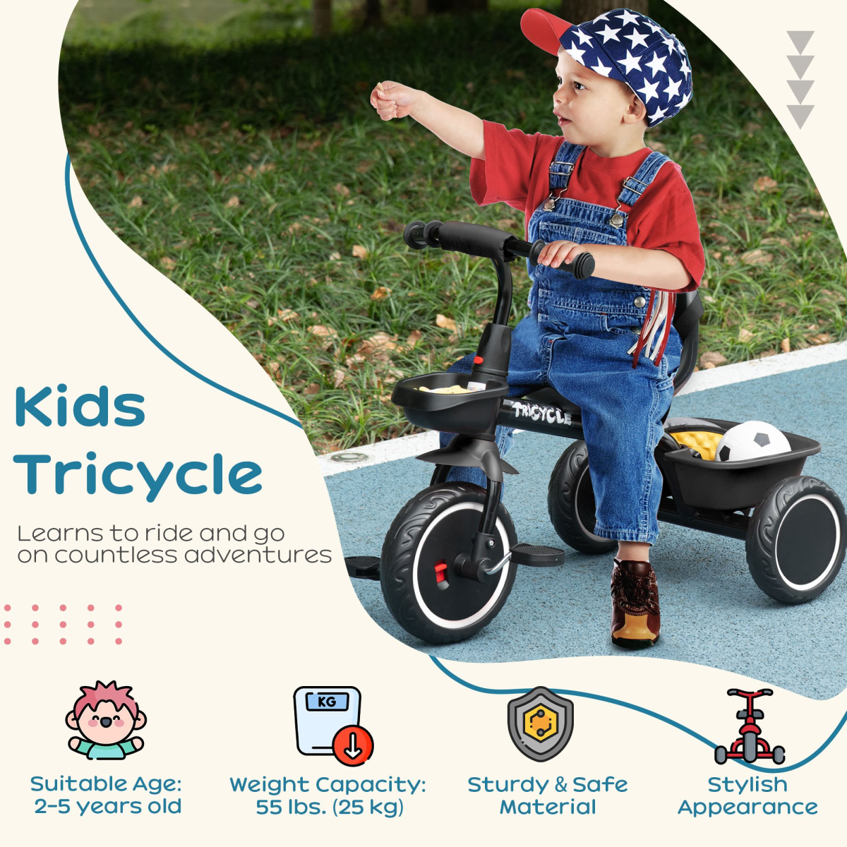 cortex-london-windsor-kids-trike-black-adjustable-seat-storage-baskets
