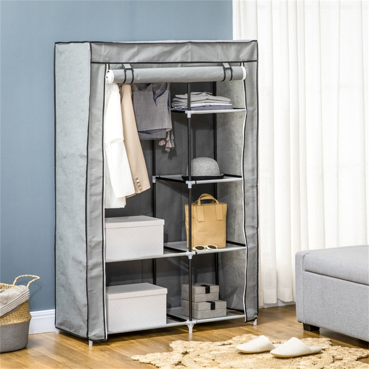 cortex-london-chester-fabric-wardrobe-light-grey-steel-frame-hanging-rail-six-shelves