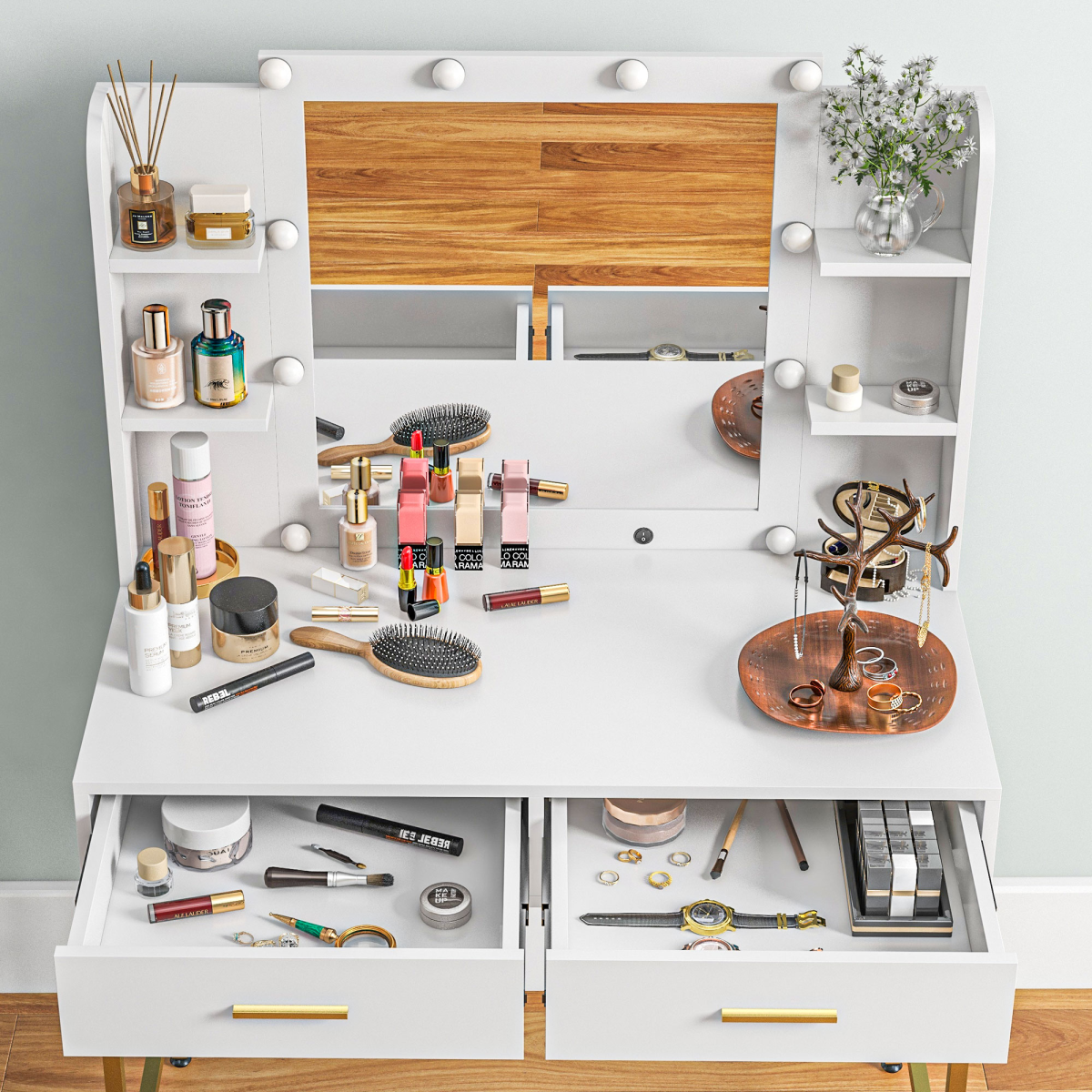 cortex-london-kensington-black-lighted-makeup-vanity-desk-set-with-mirror-stool-drawers