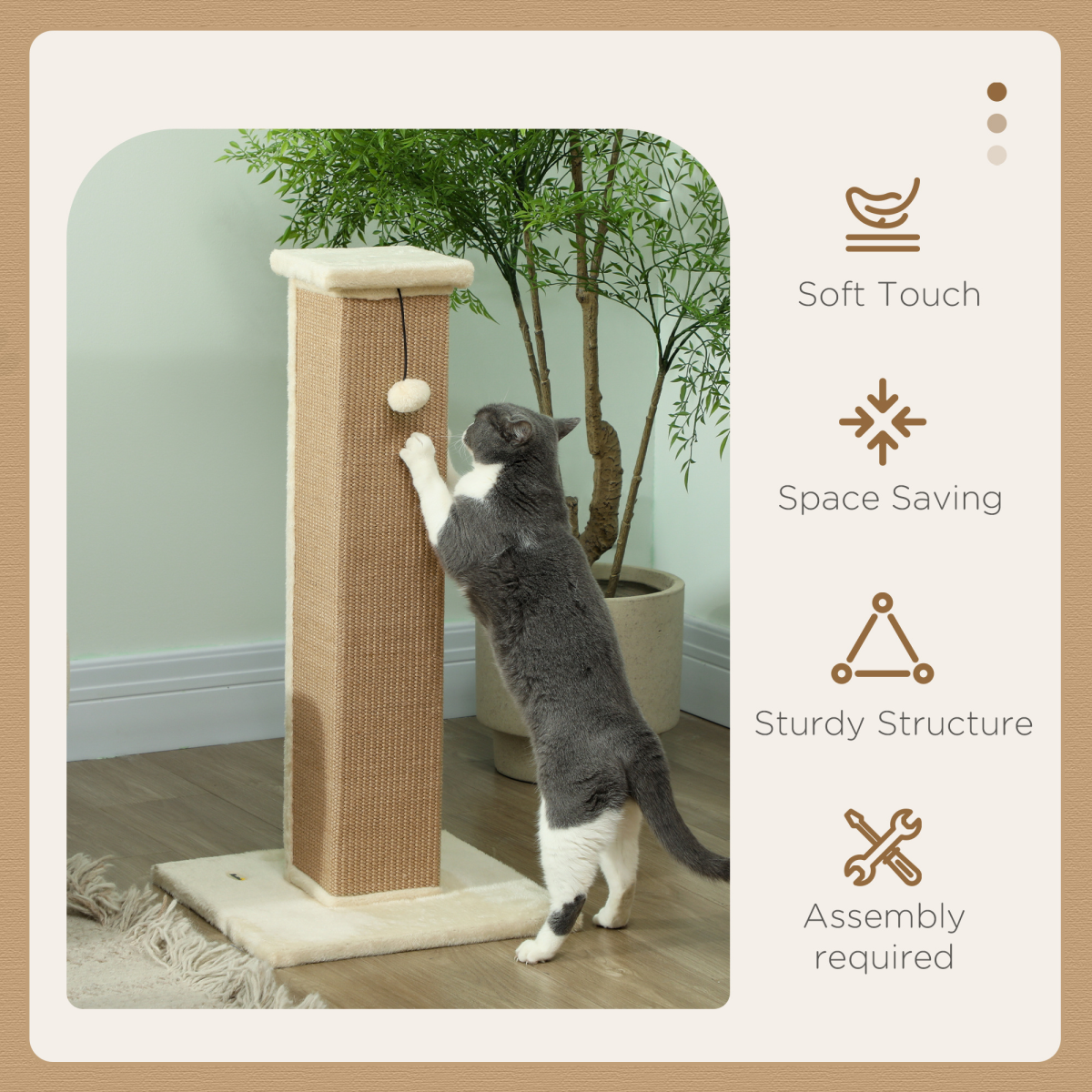 cortex-london-windsor-81cm-cat-scratching-post-sisal-rope-hanging-ball-brown-cream-white