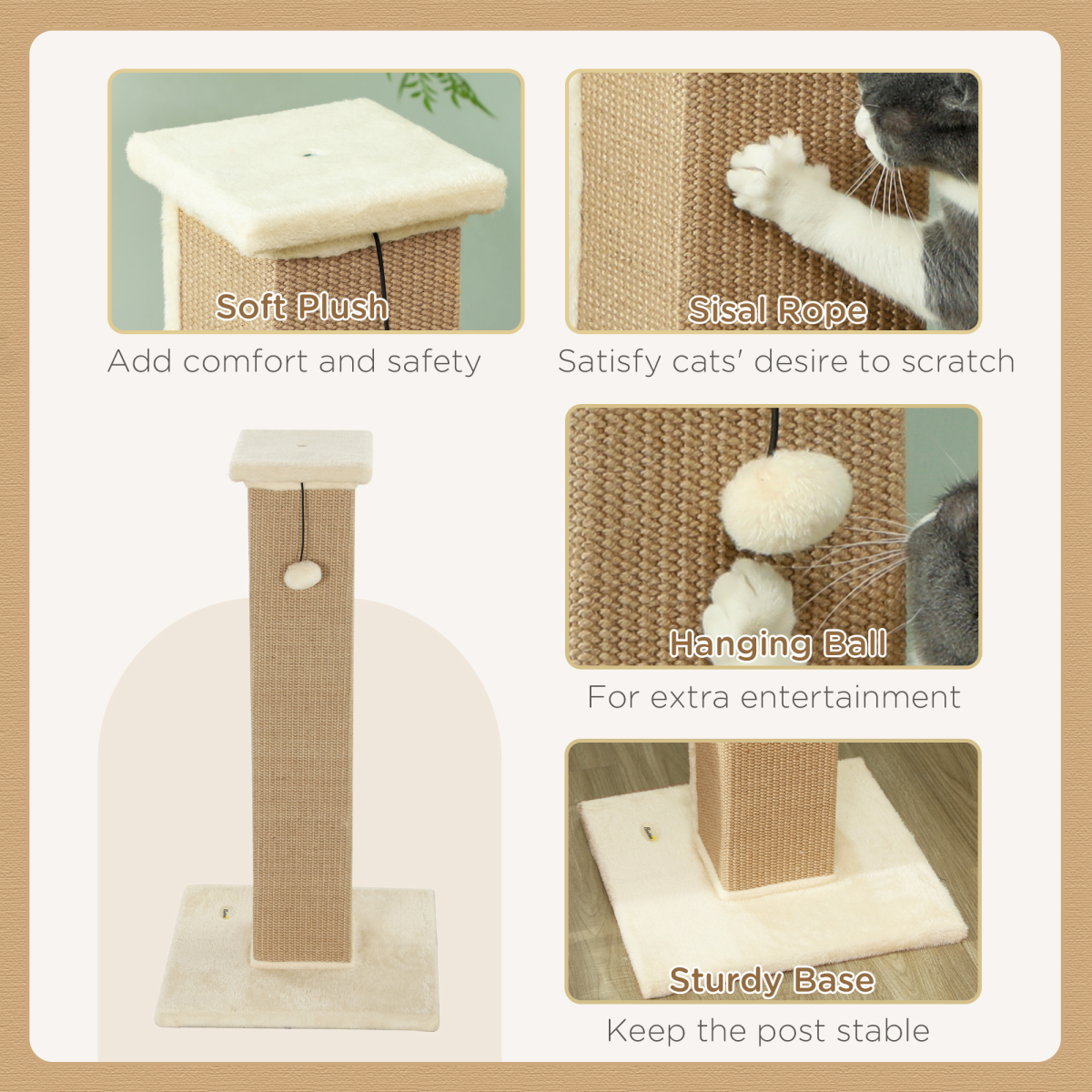 cortex-london-windsor-81cm-cat-scratching-post-sisal-rope-hanging-ball-brown-cream-white