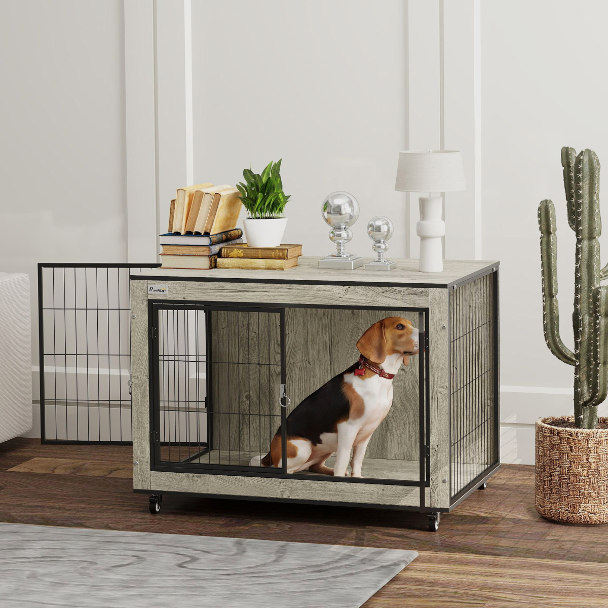 cortex-london-windsor-grey-dog-crate-side-table-on-wheels