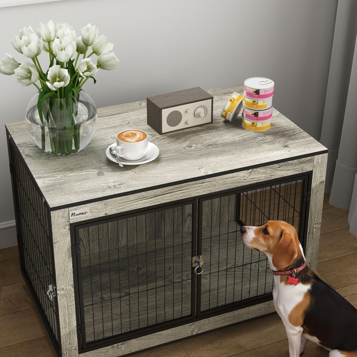 cortex-london-windsor-grey-dog-crate-side-table-on-wheels