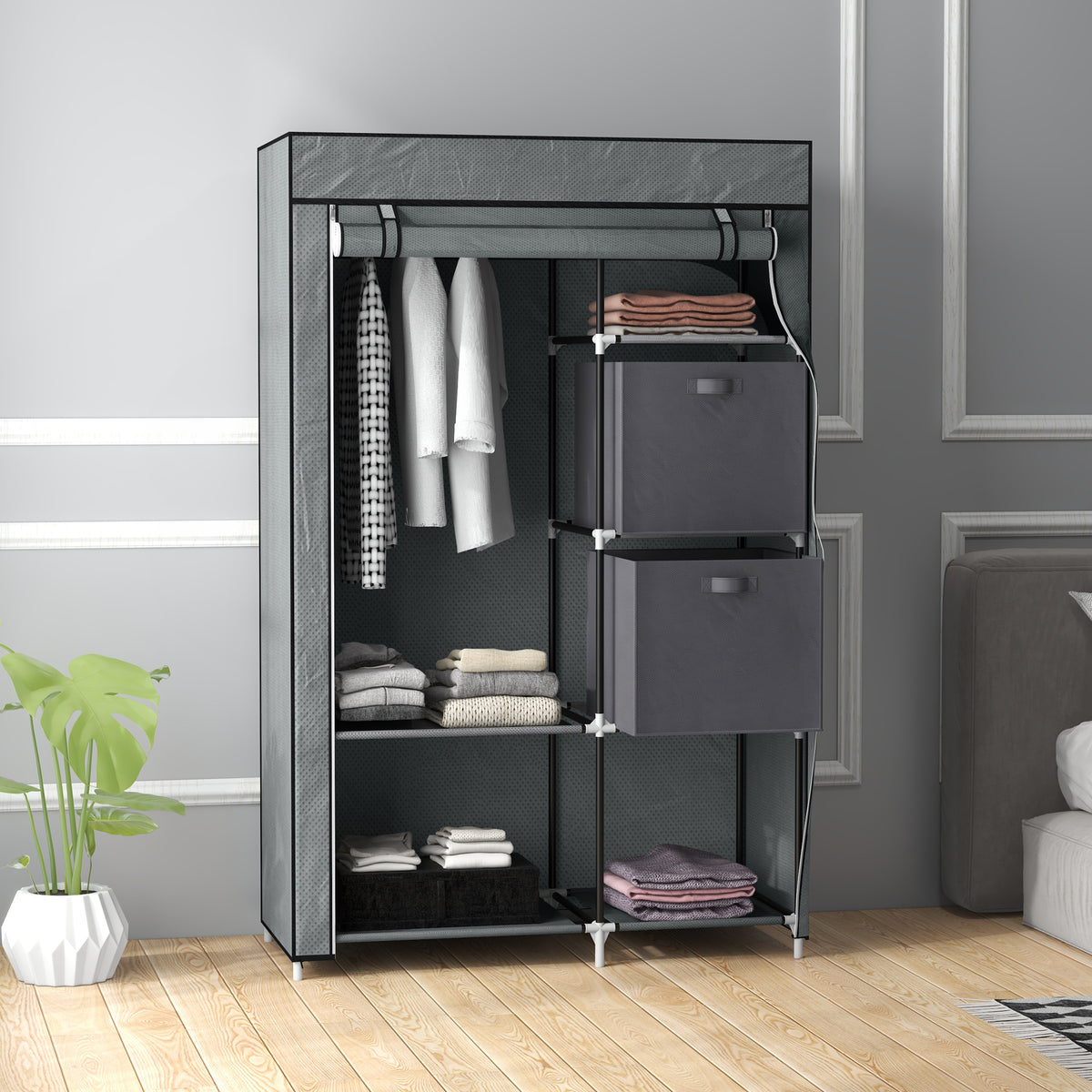 cortex-london-windsor-dark-grey-fabric-portable-wardrobe-hanging-rail-drawers