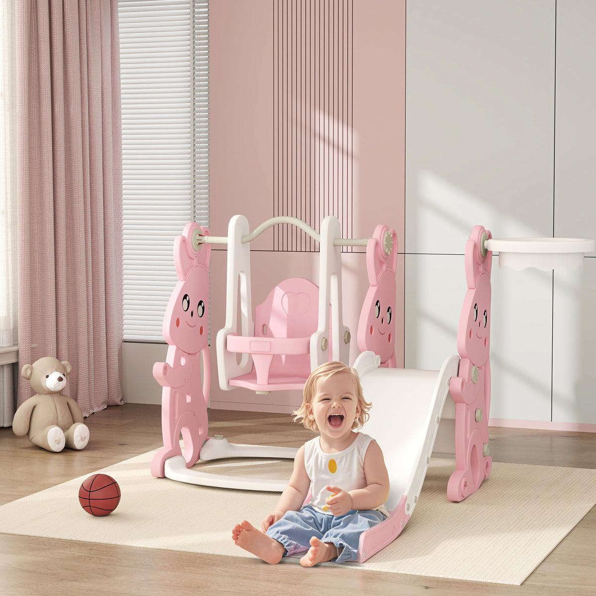 cortex-london-windsor-rabbit-playground-set-pink-slide-swing-climber-basketball-hoop