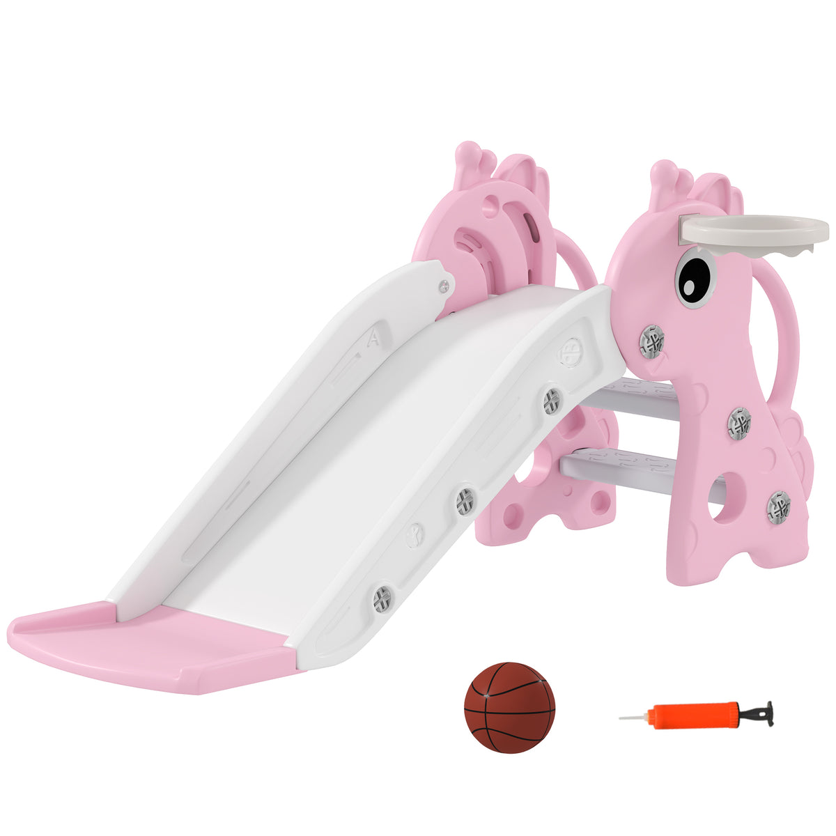 AIYAPLAY 3 in 1 Kids Slide with Climber, Basketball Hoop and Ball, Pink